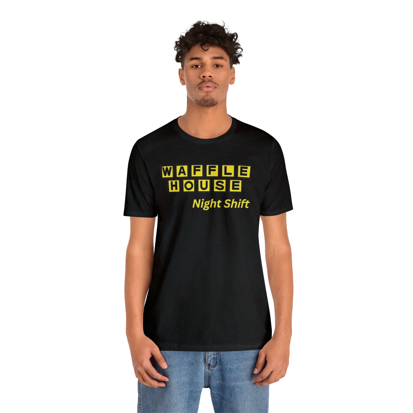 Waffle House Night Shift- Yellow font Unisex Jersey Short Sleeve Tee