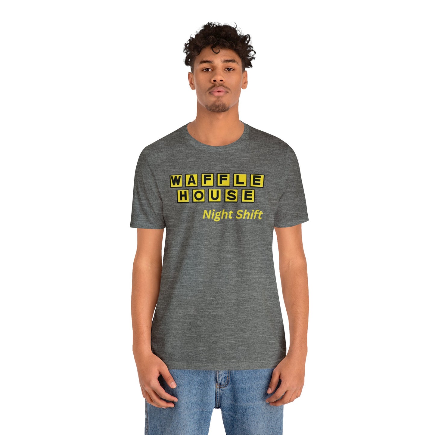 Waffle House Night Shift- Yellow font Unisex Jersey Short Sleeve Tee