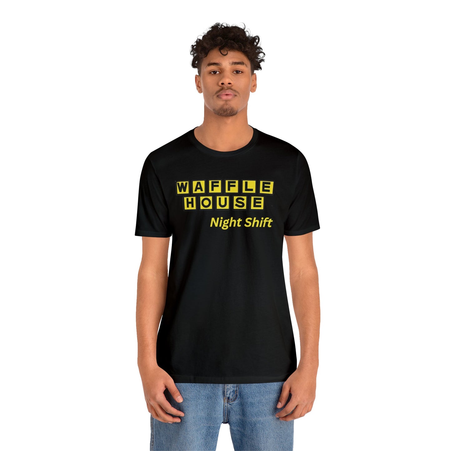 Waffle House Night Shift- Yellow font Unisex Jersey Short Sleeve Tee