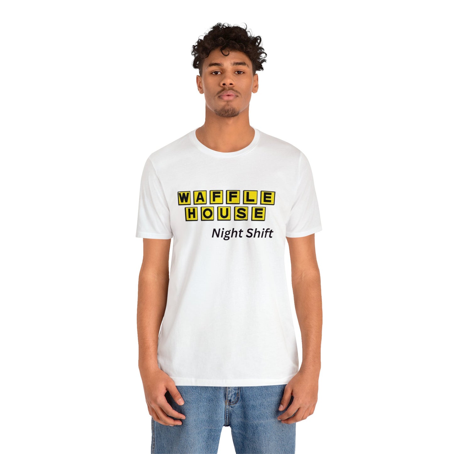 Waffle House Night Shift-Black font Unisex Jersey Short Sleeve Tee