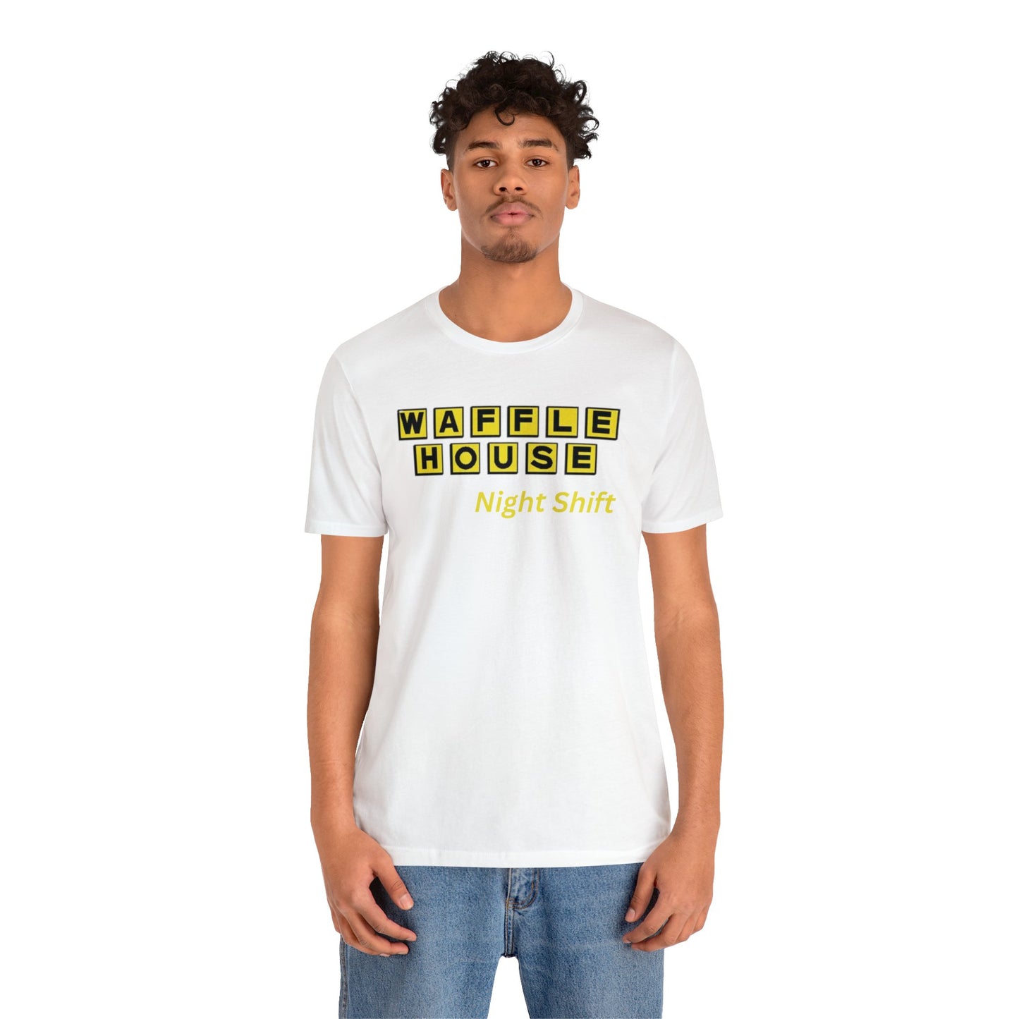 Waffle House Night Shift- Yellow font Unisex Jersey Short Sleeve Tee