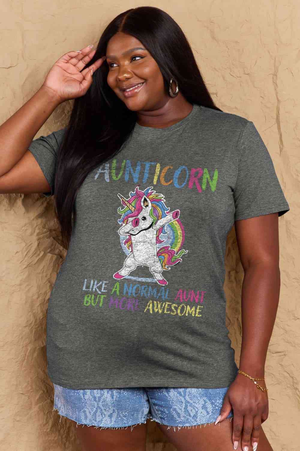 Full Size AUNTICORN LIKE A NORMAL AUNT BUT MORE AWESOME Graphic Cotton Tee