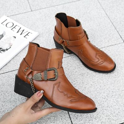 Chain PU Leather Block Heel Boots