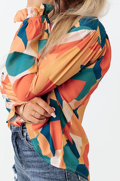 Quarter Button Printed Notched Flounce Sleeve Blouse