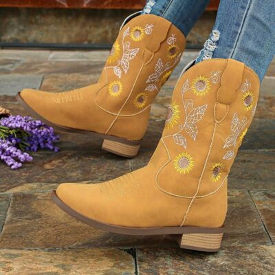 Sunflower Embroidered Block Heel Boots